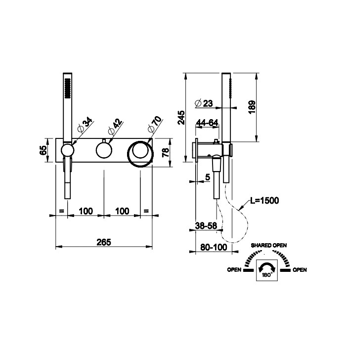 Встраиваемый однорычажный смеситель на 2 выхода с перекл., ручным душем с держателем и выводом воды, Gessi Anello, хром арт. 63343#031