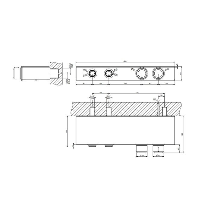 Смеситель для душа настенный встраиваемый, термостатический, с полкой, с 2 запорными кнопками, Gessi Hi Fi Eclectic, черный матовый арт. 65252#299