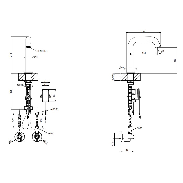 Смеситель для раковины, 1 отв., электронный, с кран-фильтром для регулировки температуры и напора воды, Gessi 316, steel brushed арт. 54081#239