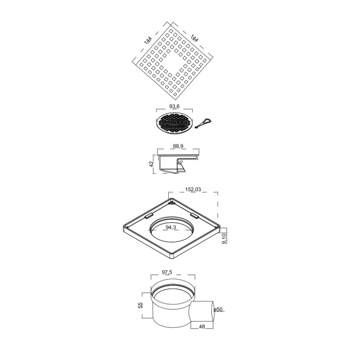 Душевой трап BERGES напольный Trend 150x150 нержавеющая сталь, хром глянец, D50, арт.091002