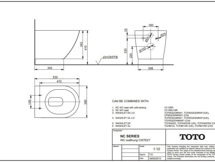 Подвесной унитаз, SERIES NC TOTO, CW762+TCF6632 цвет: белый