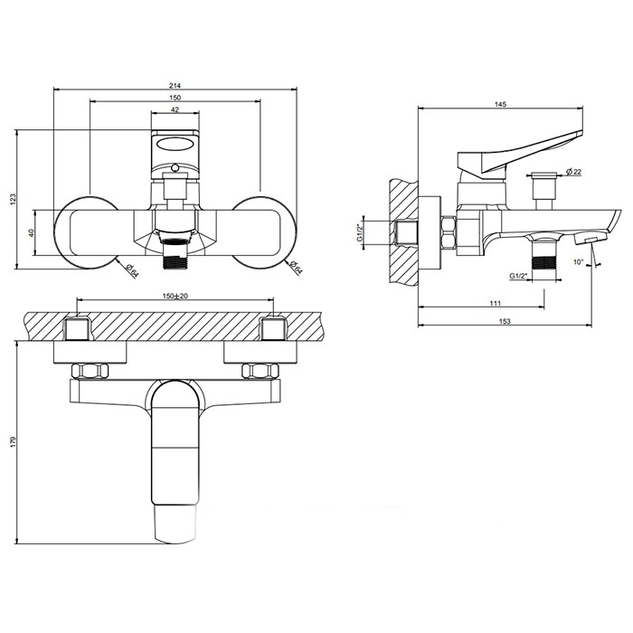 Смеситель для ванны настенный, излив 153мм, с автоматическим переключателем ванна-душ, Gessi Rilievo, nero xl арт. 59013#299