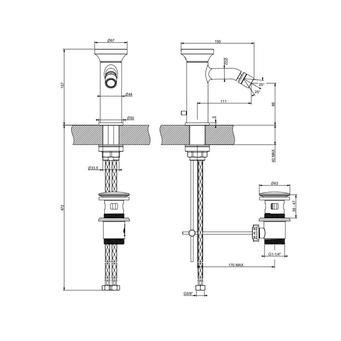Смеситель для биде с донным клапаном, Gessi Origini, хром арт. 66007#031