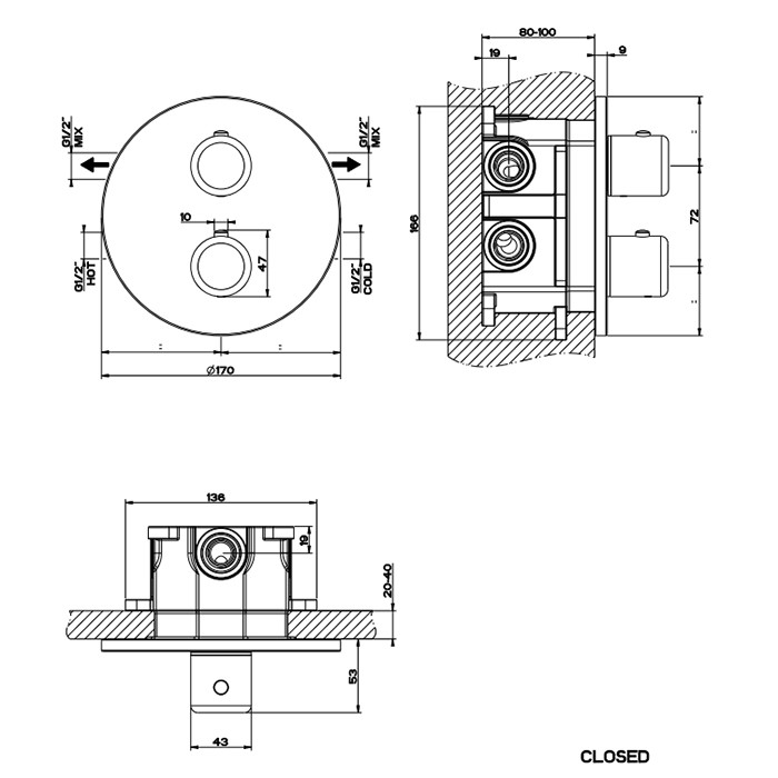 Встраиваемый термостат, подключение на 3/4”, с переключателем на 2 выхода, Gessi Goccia, черный арт. 33844#299