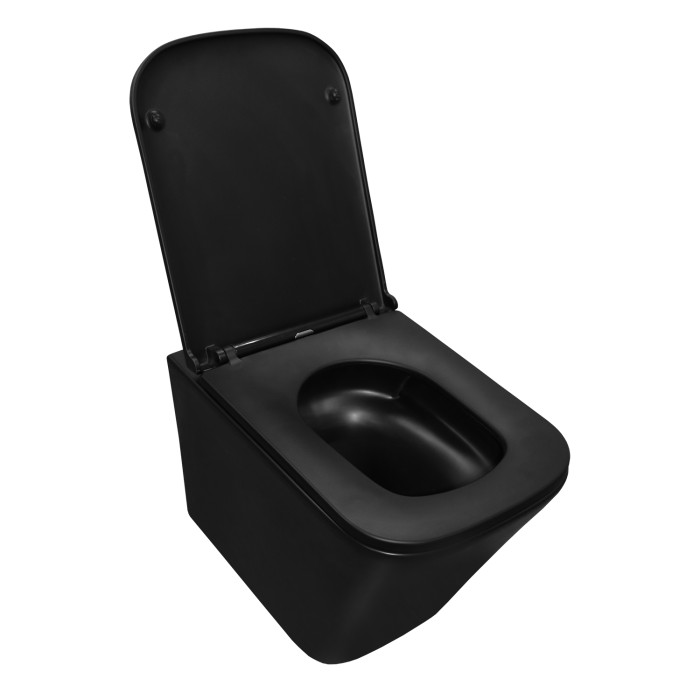 Подвесной унитаз 490х345х355 (квадратный) безободковый с системой антивсплеск (торнадо) сиденье микролифт, черный матовый, Azario Vetro арт. AZ-0052-UQ1MB