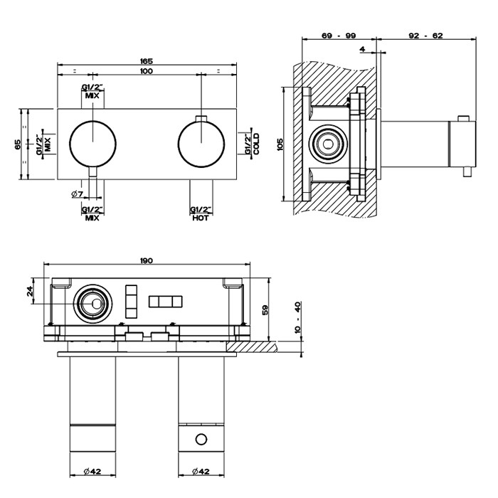 Термостатический смеситель, с подключением на 3/4”, фильтр, на 3 источника, Gessi 316, brushed black metal pvd арт. 54036#707