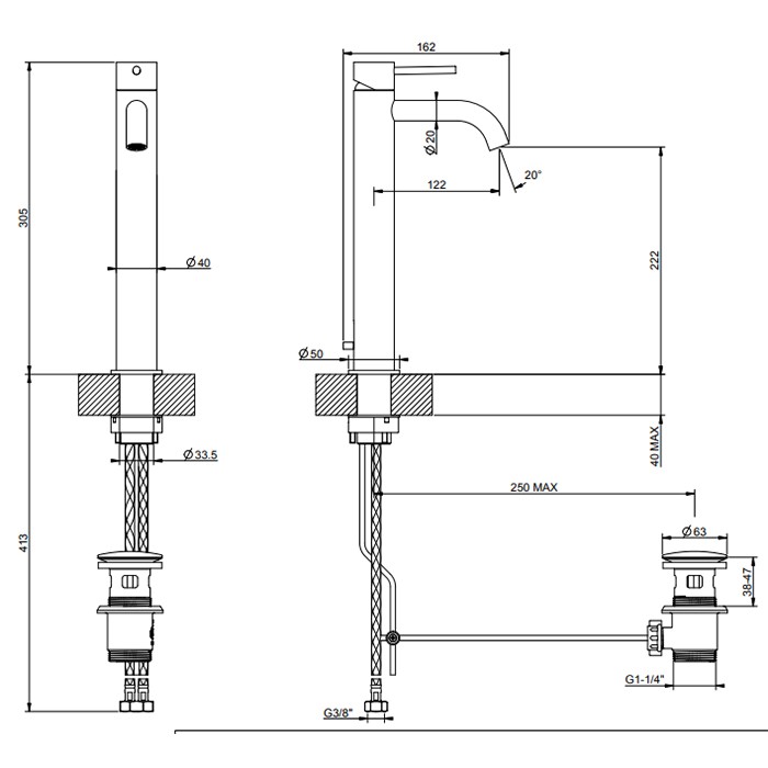 Смеситель для раковины на 1 отв., высокий h:305мм, с донным клапаном, излив: 123мм, Gessi 316, brushed black metal pvd арт. 54004#707