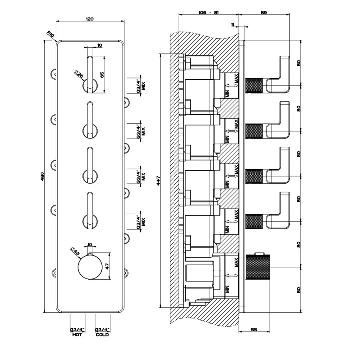 Встраиваемый термостатический смеситель на 4 источника, резьба 3/4" (внешние части), Gessi Inciso, nero xl арт. 58208#299