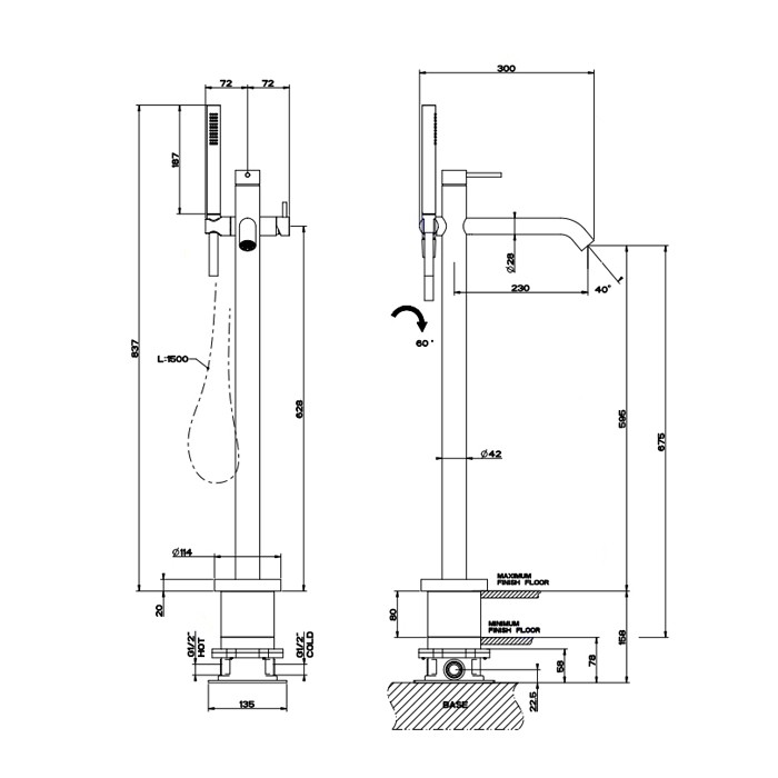 Напольный смеситель для ванны с душевой лейкой, Gessi Bath316, шлифованная сталь арт. 54028#239
