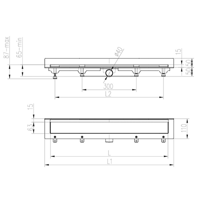 Душевой лоток D40 750 мм пристенный, боковой слив, пластиковый, рамка и решетка из нержавеющей стали, Klasik Azario - AZ-CH 750 KN2