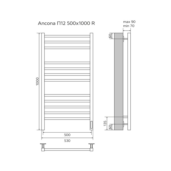 Полотенцесушитель электрический 500/1000 квадрат, 12 секций, диммер справа, белый, Ancona Azario - AZ71850W