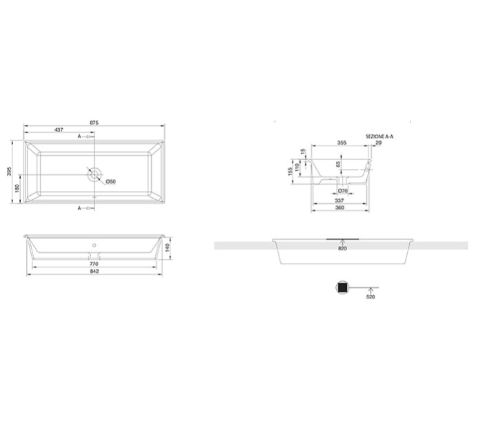 Раковина встраиваемая сверху с переливом без отверстий, цвет белый, Scarabeo Gaia - 8033