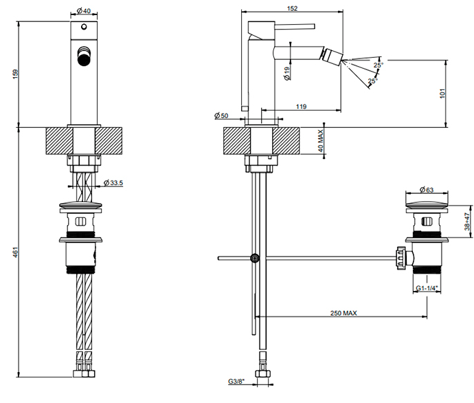 Смеситель для биде Gessi 316 с донным клапаном, цвет brushed black metal pvd арт. 54007#707