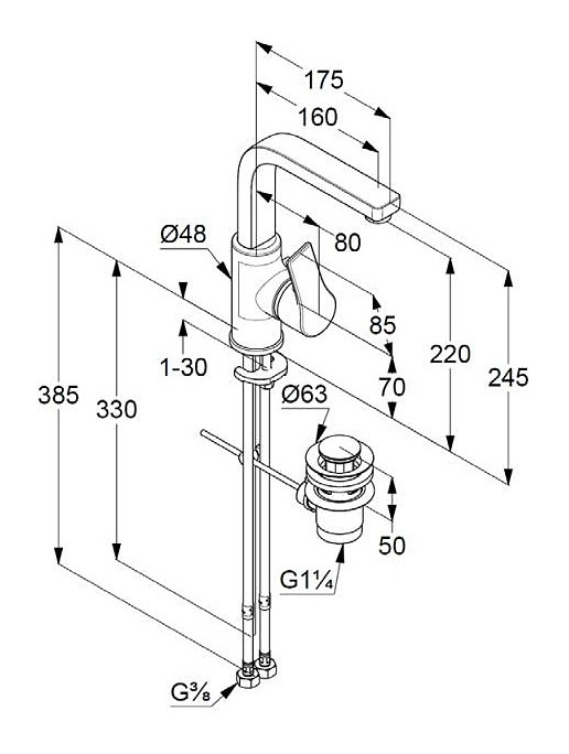 Однорычажный смеситель для раковины с боковым управлением 220 мм, матовый, zenta sl Kludi, черный матовый - 480273965