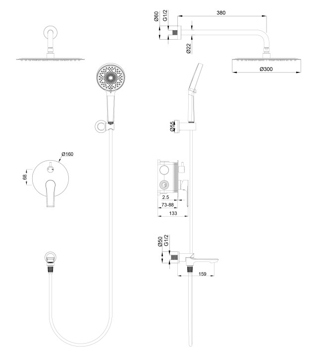 Душевая система встраиваемая, Wonzon & Woghand Brilliant, WW-88939079-MB цвет: черный