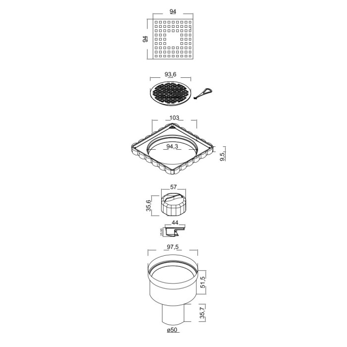 Душевой трап BERGES напольный Trend 100x100 нержавеющая сталь, хром глянец, D50, арт.091003