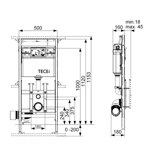 Застенный модуль для установки подвесного унитаза, h=1120 мм, регулировка по высоте 8 см, lux TECE арт. 9600200