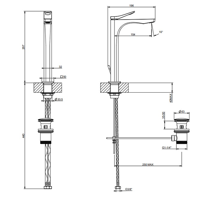 Смеситель для раковины на 1 отв. с донным клапаном h=297мм, излив 154мм, Gessi Rilievo, nero xl арт. 59003#299