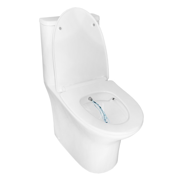 Унитаз-моноблок с функцией биде 375х665х785 напольный, безободковый, горизонтальный слив, сиденье дюропласт микролифт, Azario Vetro арт. AZ-8614B