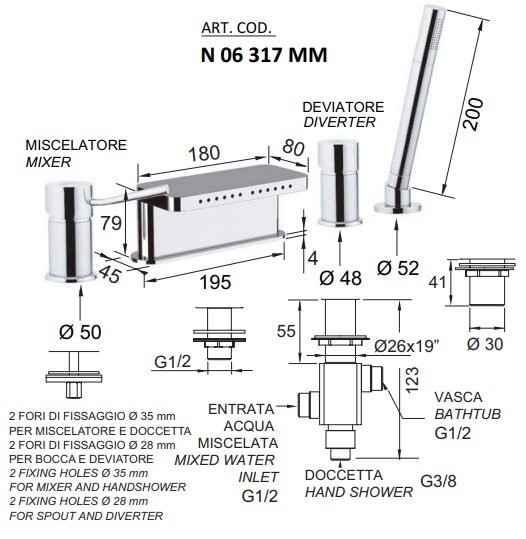Смеситель хром глянцевый, Remer Minimal, внешнего монтажа N06317MM