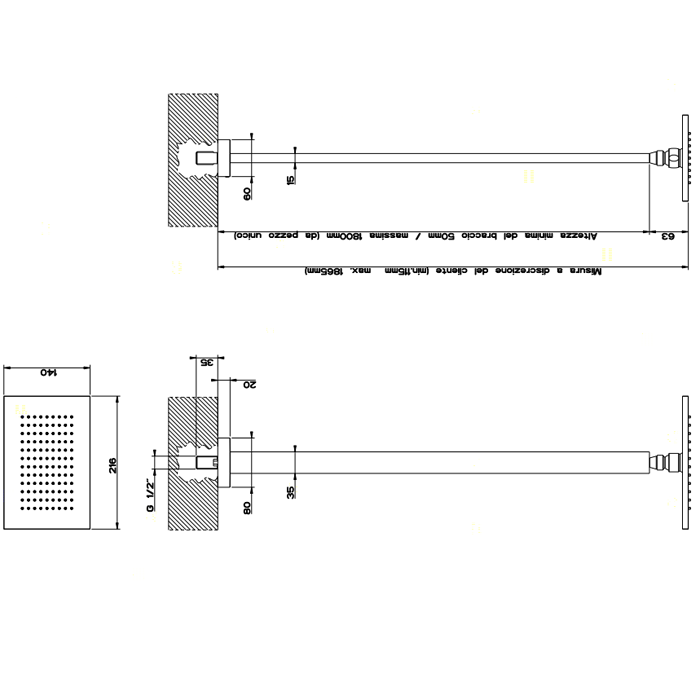 Верхний душ для потолочного крепления 216x140мм, высота от 115 до 1865мм, Gessi Rettangolo, хром арт. 20150#031