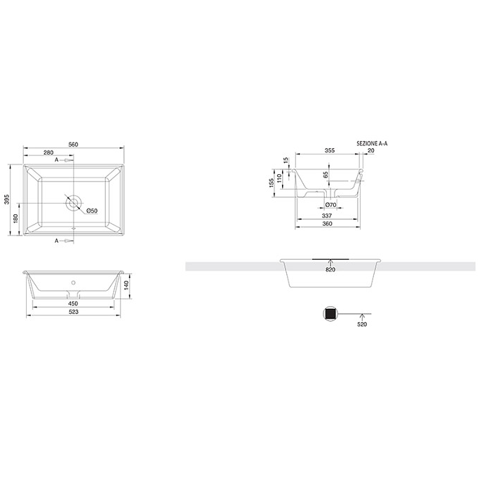 Раковина встраиваемая сверху с переливом без отверстий, цвет белый, Scarabeo Gaia - 8032