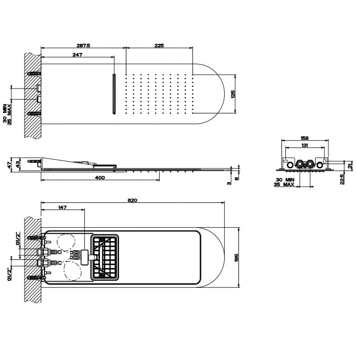 Верхний душ, настенный, дождь/каскад, Gessi Tremillimetri, black metal brushed pvd арт. 33053#707
