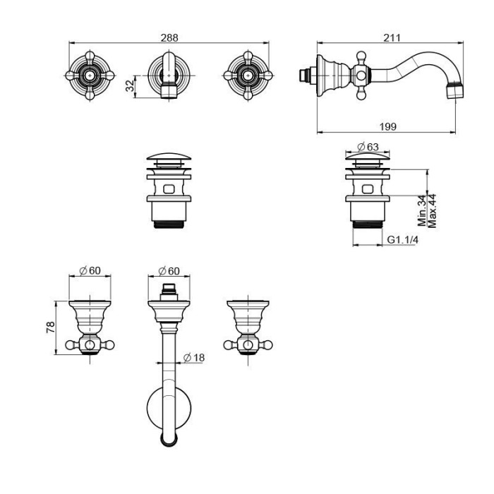 Fima Carlo Frattini Смеситель настенный на 3 отверстия, Elizabeth, F5081L/5CR цвет: хром