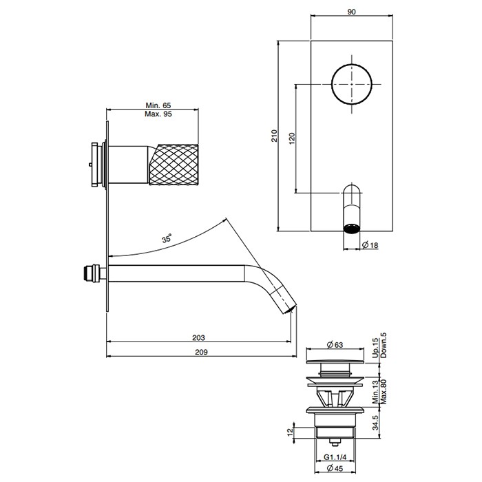 Fima Carlo Frattini Смеситель для раковины, встраиваемый, излив: 20.3см., Spillo Tech, F3051TWLX5XNS цвет: золото