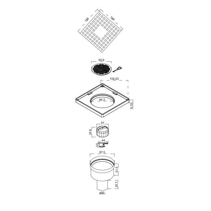 Душевой трап BERGES напольный Trend 150x150 нержавеющая сталь, хром глянец, D50, арт.091004