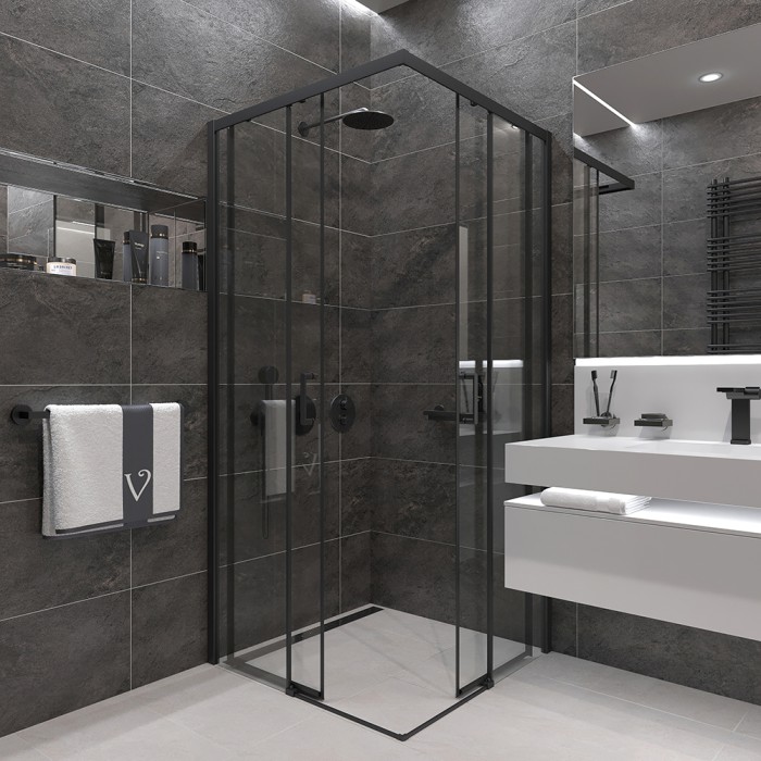 Душевой угол 900x900x1950, Veconi Rovigo, черный, стекло прозрачное арт. RV47B-90-01-C4