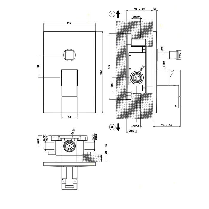 Встраиваемый однорычажный смеситель с автоматическим переключателем ванна/душ, Gessi Rettangolo, хром арт. 44604#031