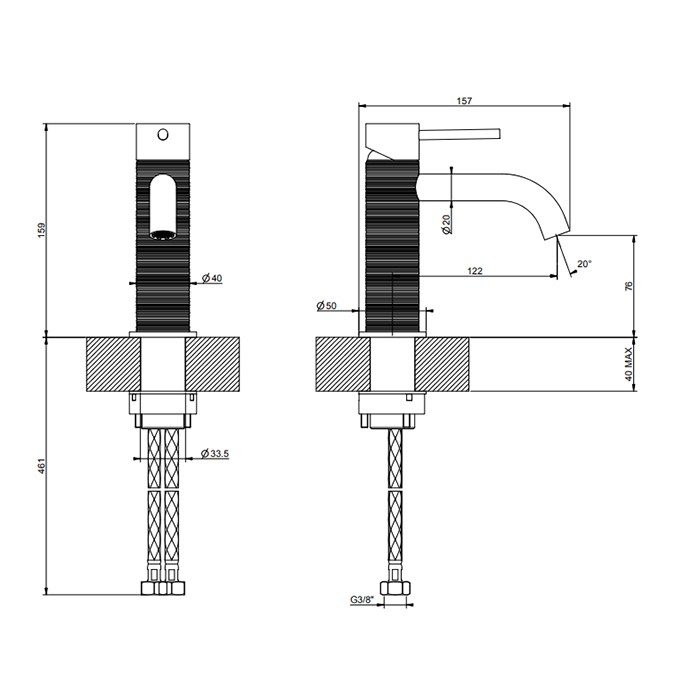Смеситель для раковины на 1 отверстие, без донного клапана, излив 123мм, Gessi 316, brushed black metal pvd арт. 54302#707