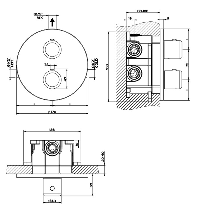 Встраиваемый термостат, подключение на 3/4”, Gessi Goccia, белый арт. 33842#279