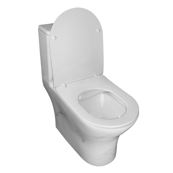 Унитаз-моноблок 350х670х760 напольный, безободковый, горизонтальный слив, сиденье дюропласт микролифт, цвет - белый мрамор, Azario Vetro арт. AZ-8618M