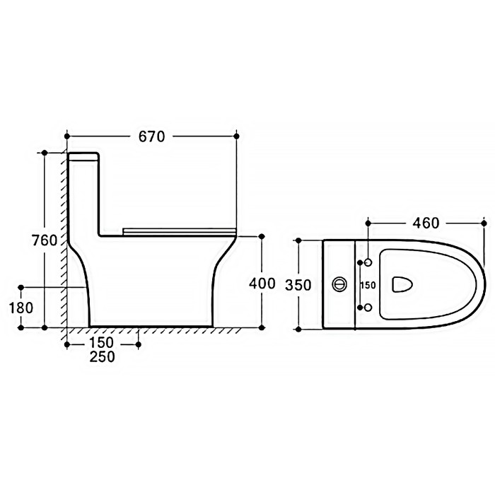 Унитаз-моноблок 350х670х760 напольный, безободковый, горизонтальный слив, сиденье дюропласт микролифт, цвет - белый мрамор, Azario Vetro арт. AZ-8618M