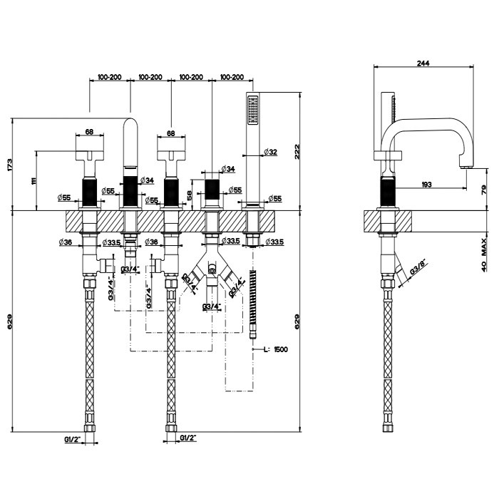 Смеситель для ванны, на 5 отв., с переключатель потоков, шланг 150см, и ручным душем, Gessi Inciso, золото арт. 58140#246