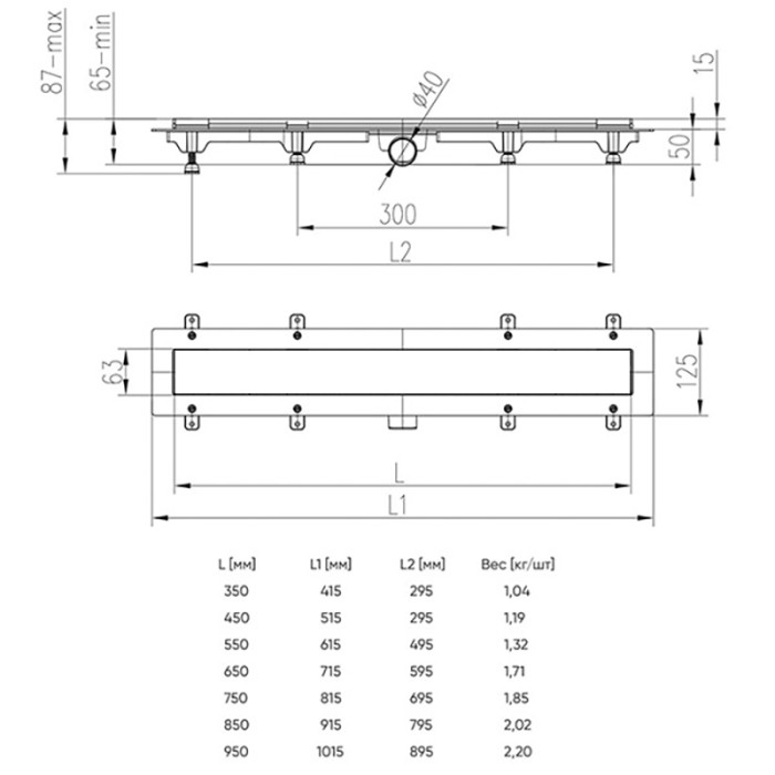 Душевой лоток D40 550 мм, боковой слив, пластиковый, с черной решеткой, Klasik Azario - AZ-CH 550 KC