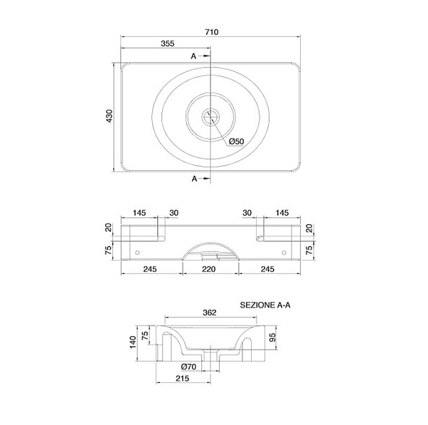 Раковина подвесная или накладная без перелива, без отверстий, цвет белый, Scarabeo Fuji - 6002