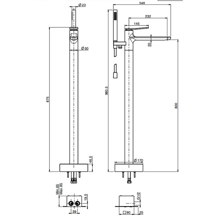 Fima Carlo Frattini Смеситель для ванны, напольный, с ручным душем, Flo, F3804/6NOR цвет: золото