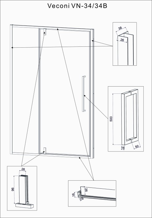Душевая дверь 1200x1950, Veconi Vianno, черный, стекло прозрачное арт. VN34B-120-01-C7