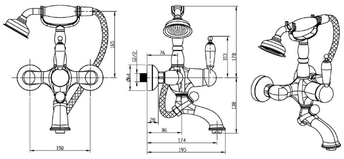 Смеситель для ванны, золото, Tradizionale Oro Boheme 283