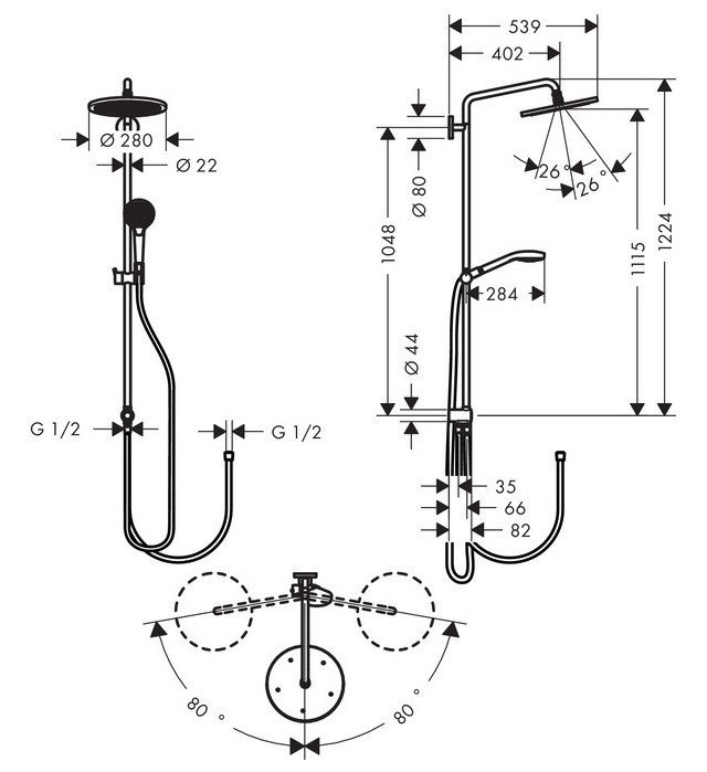 Душевая система Reno с переключателем потоков Croma Select S Hansgrohe, хром арт. 26793000