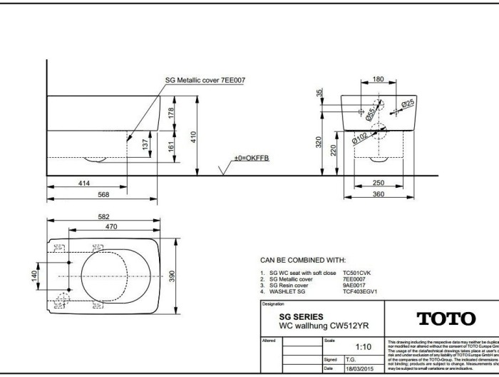 Подвесной унитаз, SERIES SG TOTO, CW512YR+TC501CVK цвет: белый