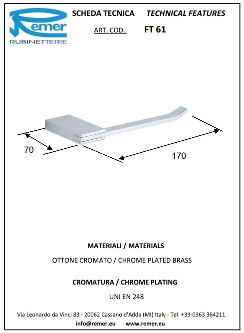 Бумагодержатель хром глянцевый, Remer Flat, FT61CR