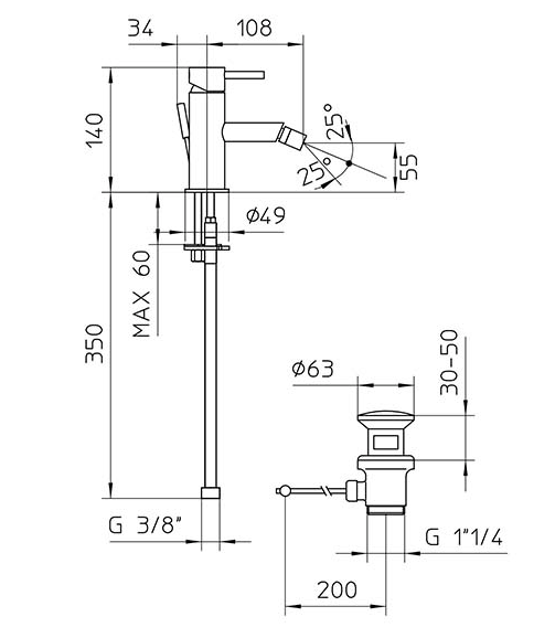 Смеситель для биде Bossini Oki с донным клапаном, цвет черный матовый арт. Z005401.073