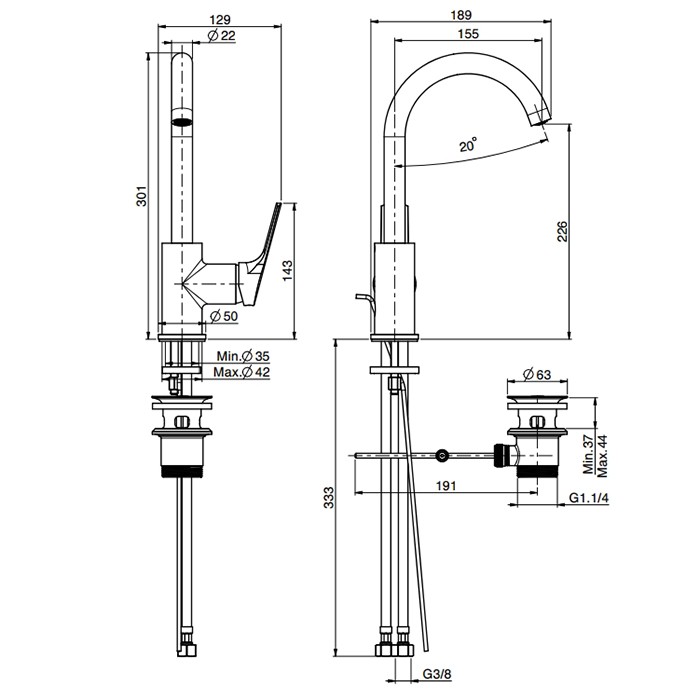 Fima Carlo Frattini Cмеситель для раковины, на 1 отв., с донным клапаном, Serie 4, F3781WCR.1 цвет: хром