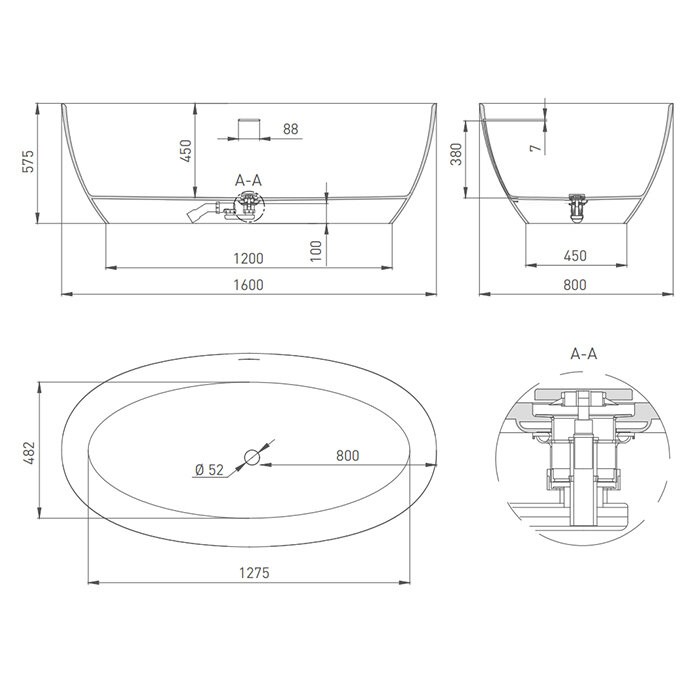 Ванна отдельностоящая 160x80, матовая, Salini ALDA арт. 101923M