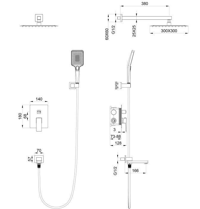 Душевая система встраиваемая, Wonzon & Woghand Cube 2.0, WW-88939068-BGM цвет: графит