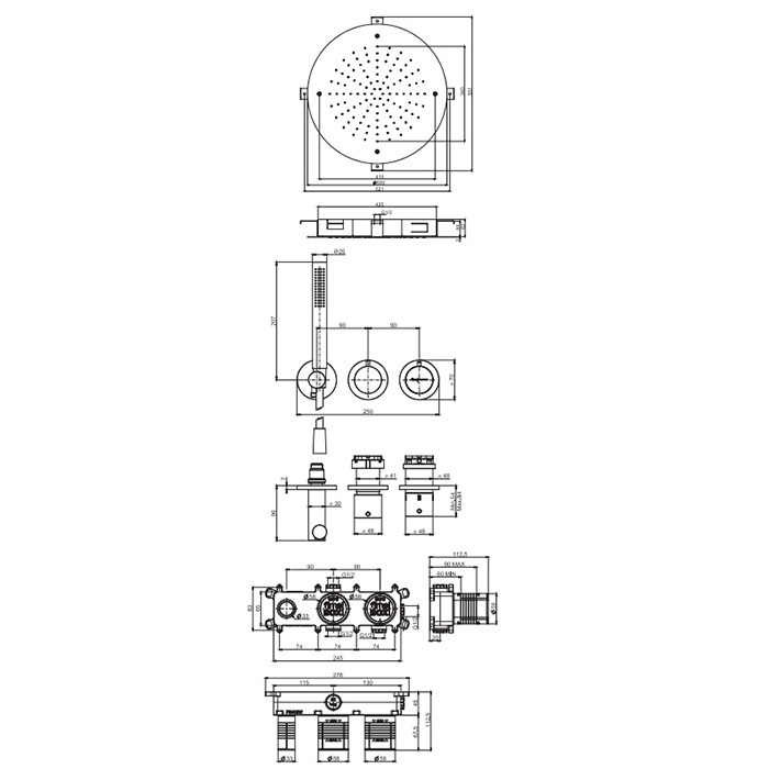 Fima Carlo Frattini Душевая система, с верхним душем 50см., встраиваемый, термостатическим смесителем, на 2 выхода и ручным душем, Sistemi doccia, F3149WX9R50OR цвет: золото